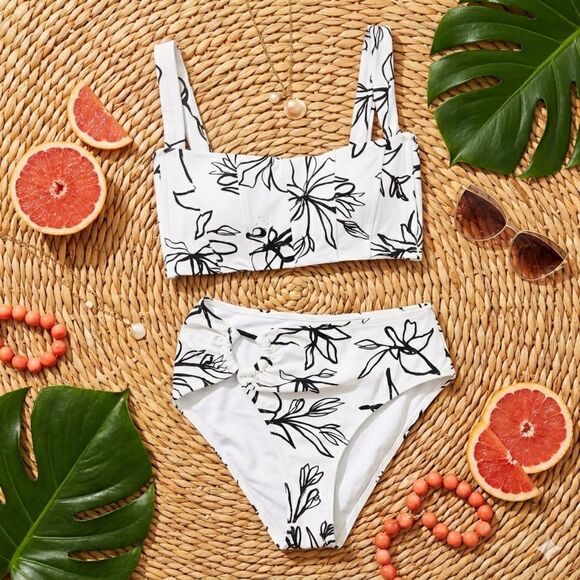 Revel Rey Other - Revel Rey NWOT White Floral Asymmetrical Bikini Small High Cut Structured Set